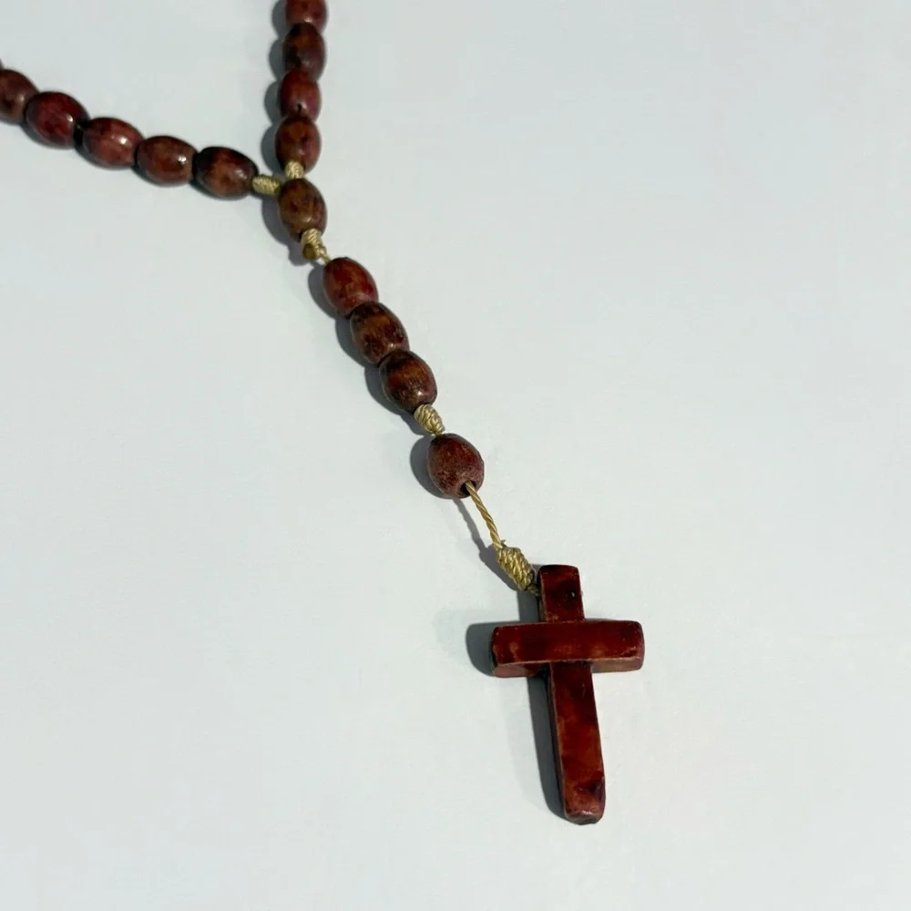 Wood Rosary Prayer Beads Handmade Necklace Catholic Crucifix Religious